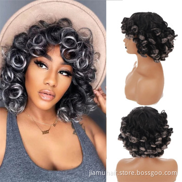 Ombre Color Short Hair Afro Curly Wig With Bangs Loose Synthetic Cosplay Fluffy Shoulder Length Natural Wigs